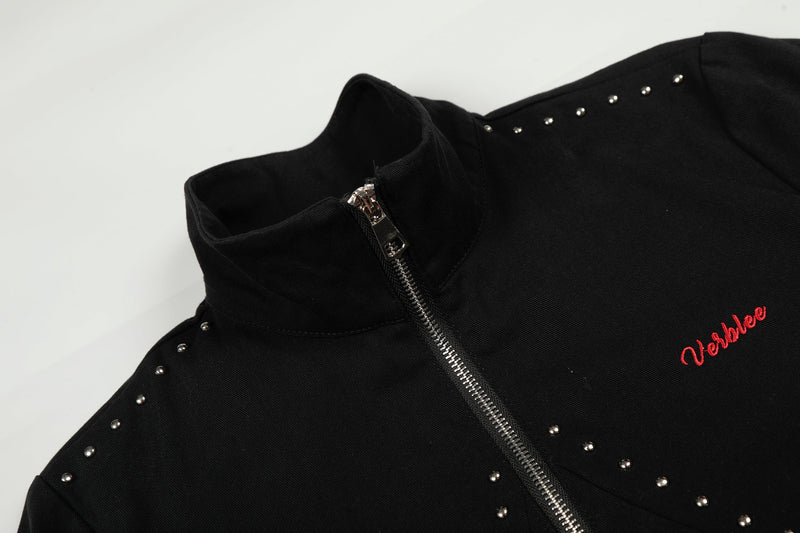 Rivet-Belted Cropped Rider Jacket | Studded Moto Style