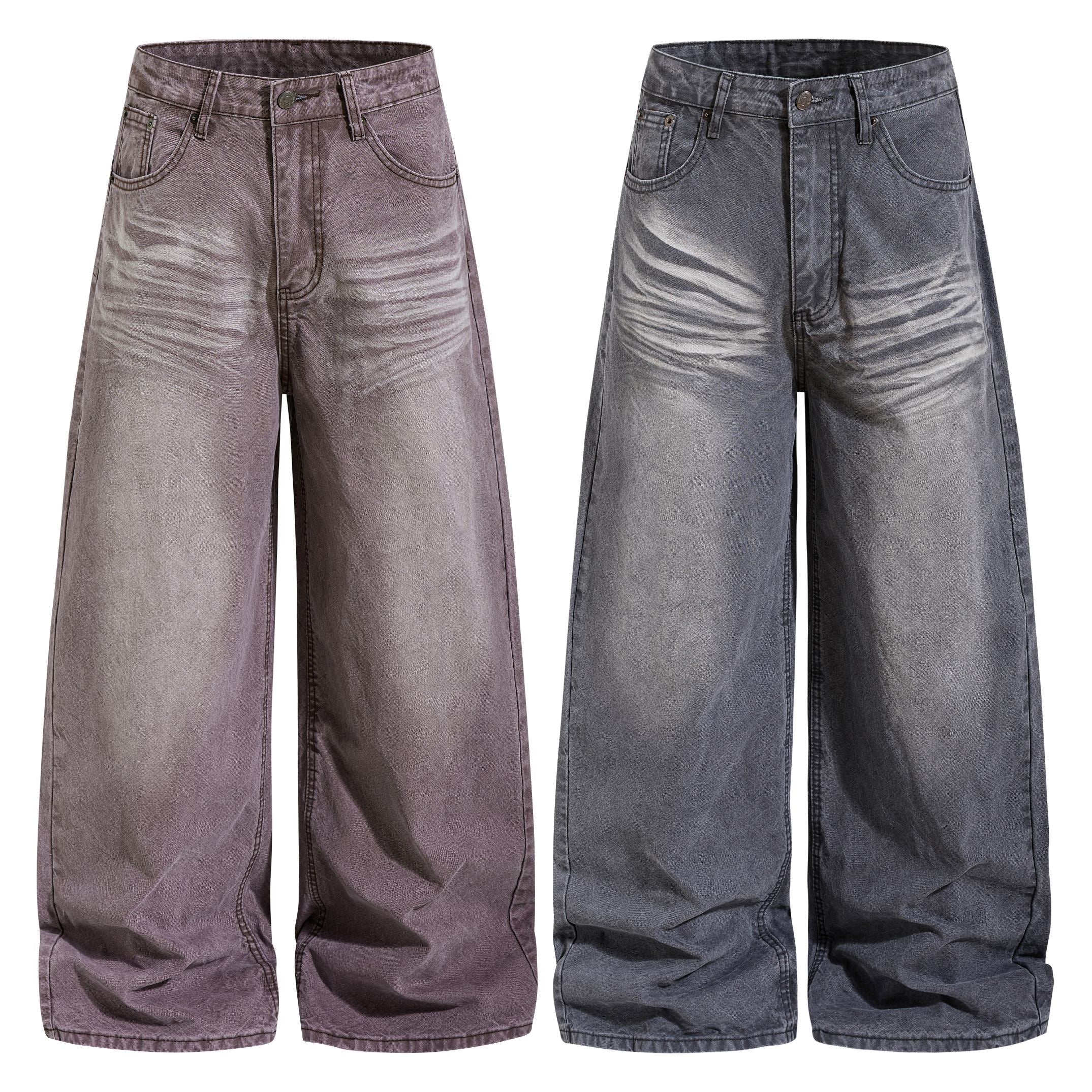 Omirad vintage fade wide-leg denim pants in dusty rose-grey and charcoal grey colorways, front view