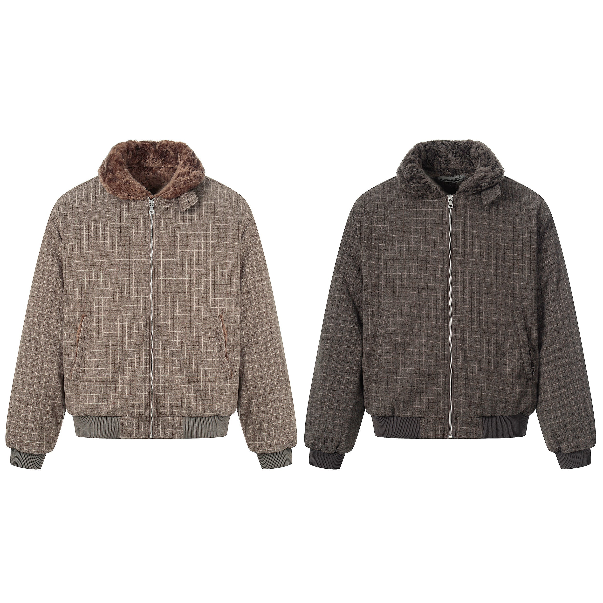 Tan brown check pattern bomber jacket with plush faux fur collar and front zip closure, shown flat on white background