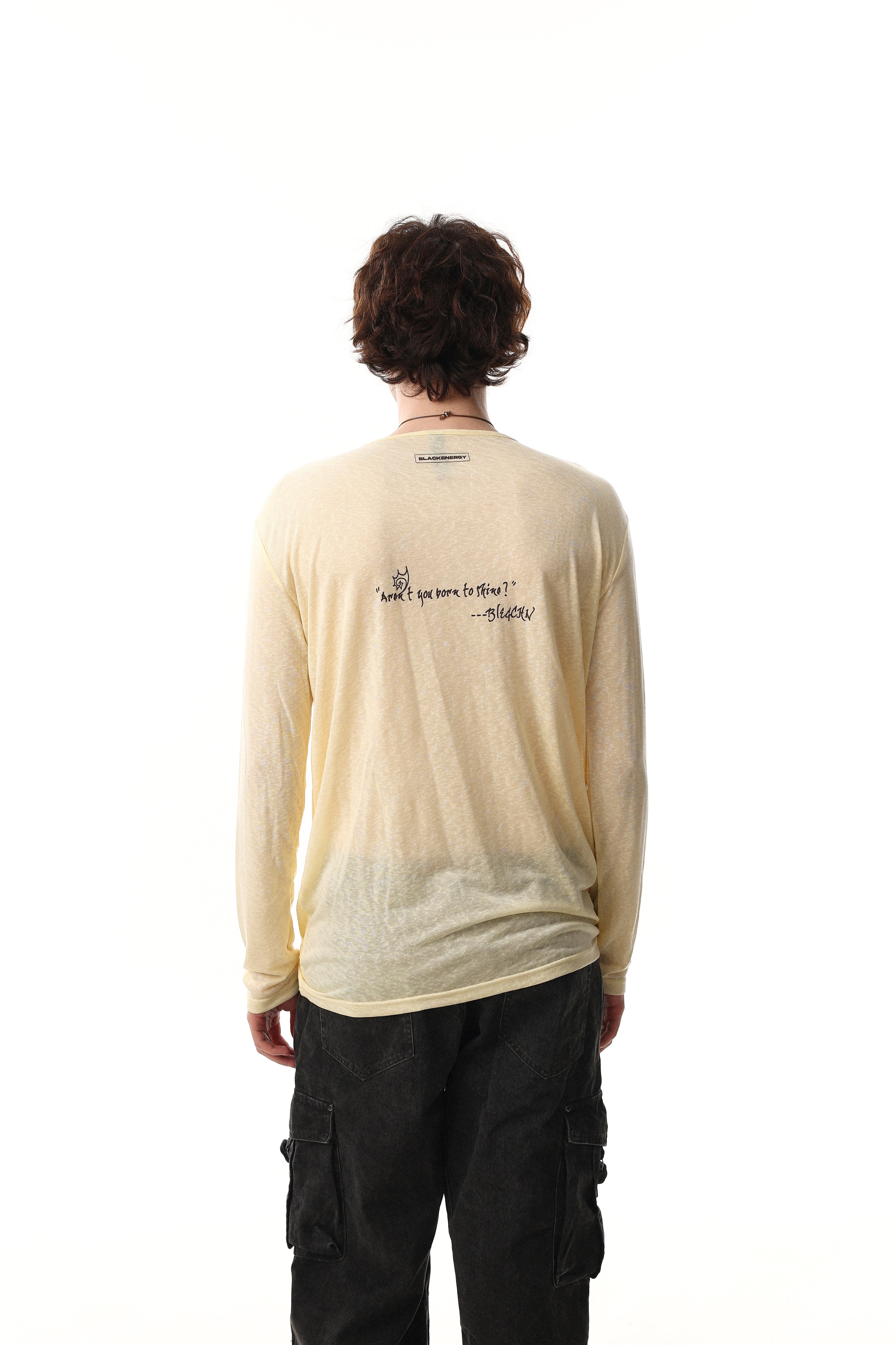 Graphic Long Sleeve Henley Tee | Faded Print Cotton Shirt