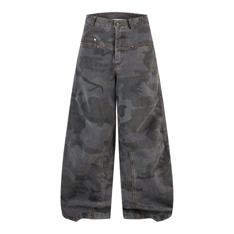 Front view of wide leg barrel jeans in dark gray camo with contrast stitching and coin pocket