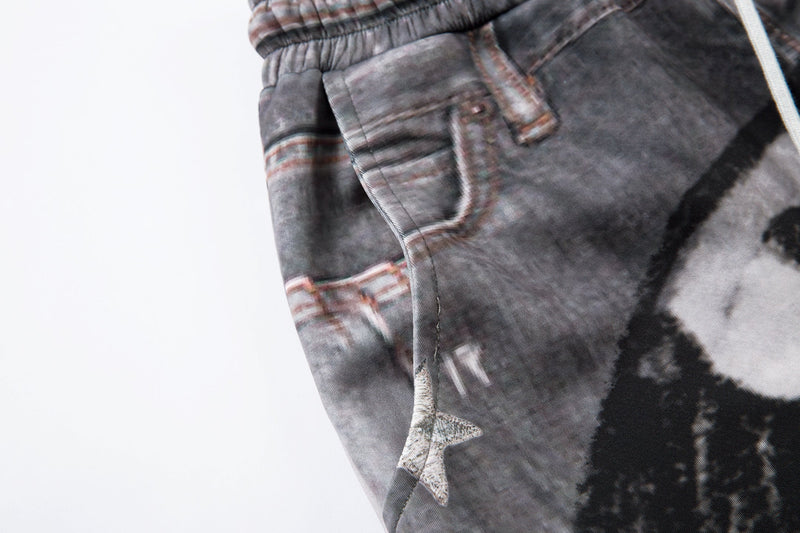Cat Print Barrel Leg Jeans | Washed Grey Street Art Denim
