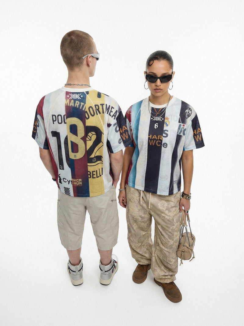 Models wearing vintage-style patchwork mesh football jerseys with oversized streetwear styling and neutral cargo pants