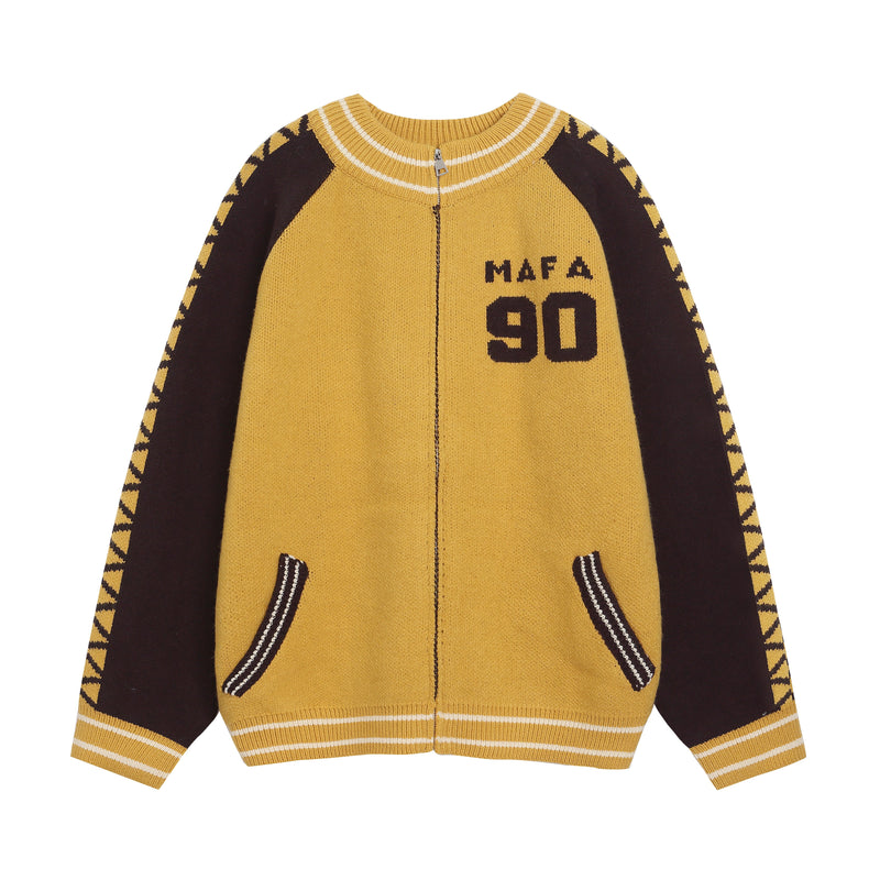 Front view of mustard yellow knit zip jacket with black sleeves and MAFA 90 graphic