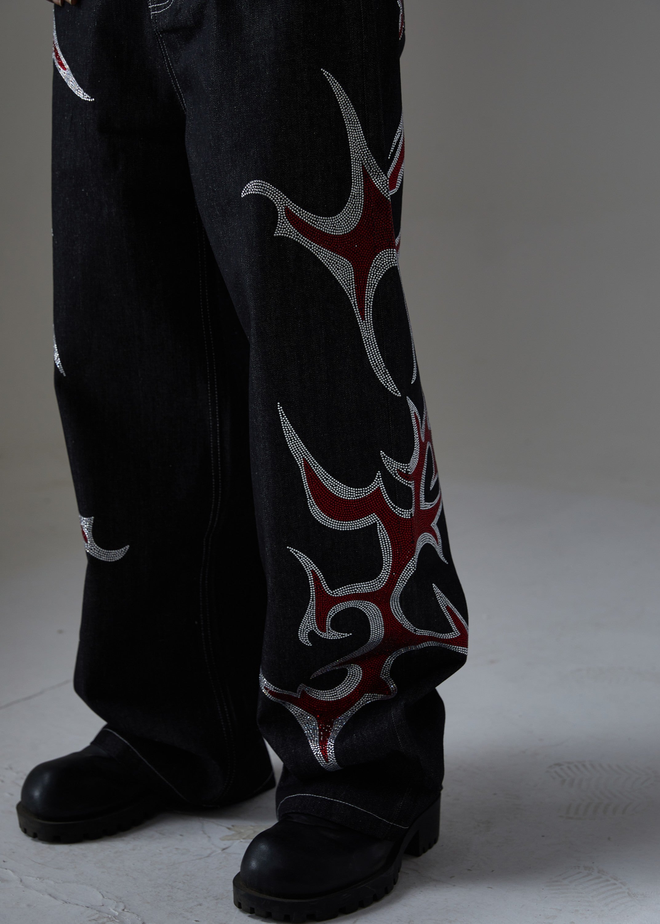 Omirad Tribal Flame Rhinestone Wide-Leg Denim Pants