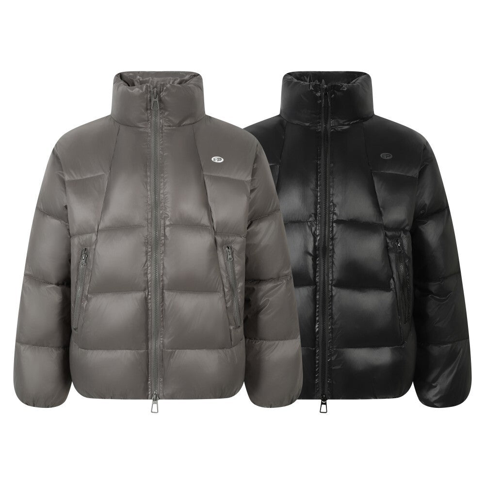 Omirad Classic Nylon Puffer Jacket shown in grey and black colourways, front view with stand collar and zippered pockets