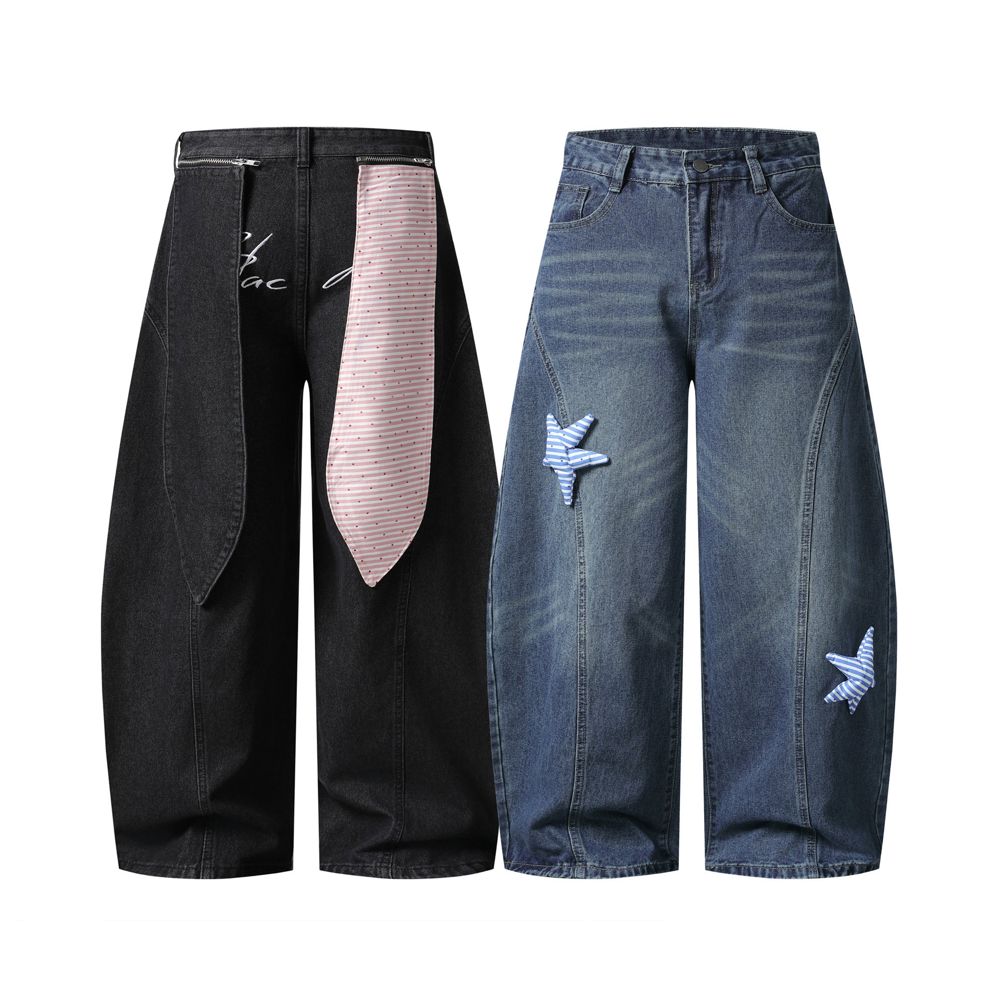 Washed black and mid-blue wide-leg denim jeans with 3D star patches and detachable striped waist accent, front view