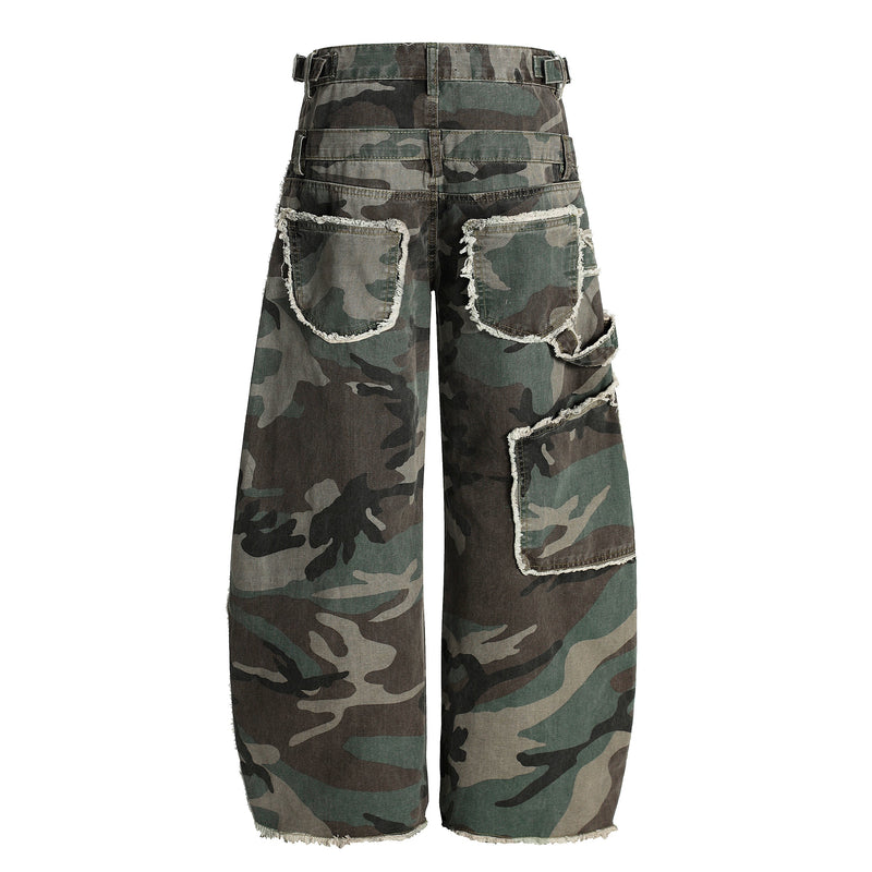 Back view of camo wide-leg jeans with frayed pocket flaps and cargo pocket detail