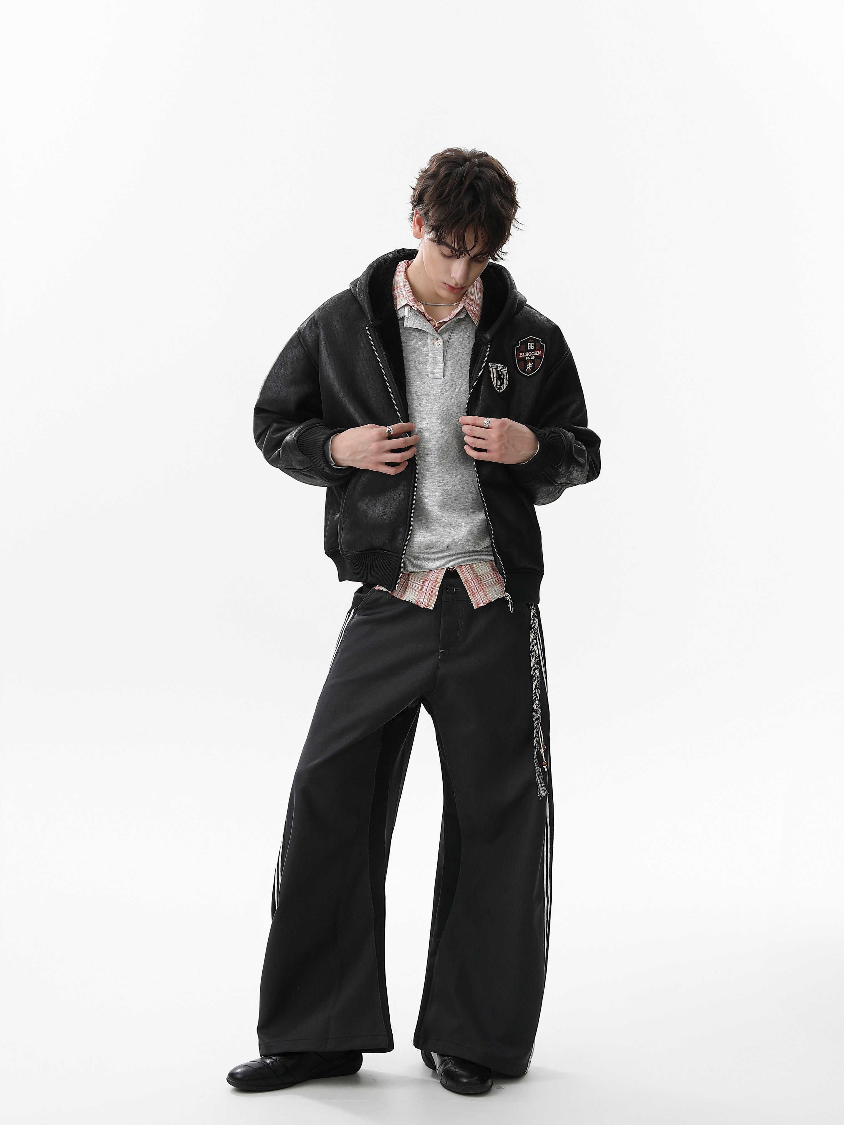 Omirad Badge PU Leather Hooded Varsity Jacket