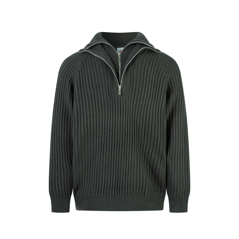 Front view of dark ribbed knit sweater with open half-zip collar and textured rib pattern