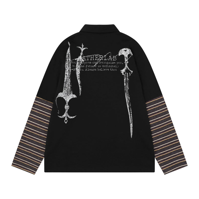 Back view of black long sleeve polo with large distressed white graphic print