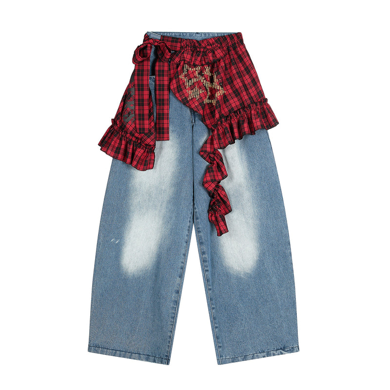 Plaid Ruffle Overlay Wide-Leg Denim Pants | Streetwear
