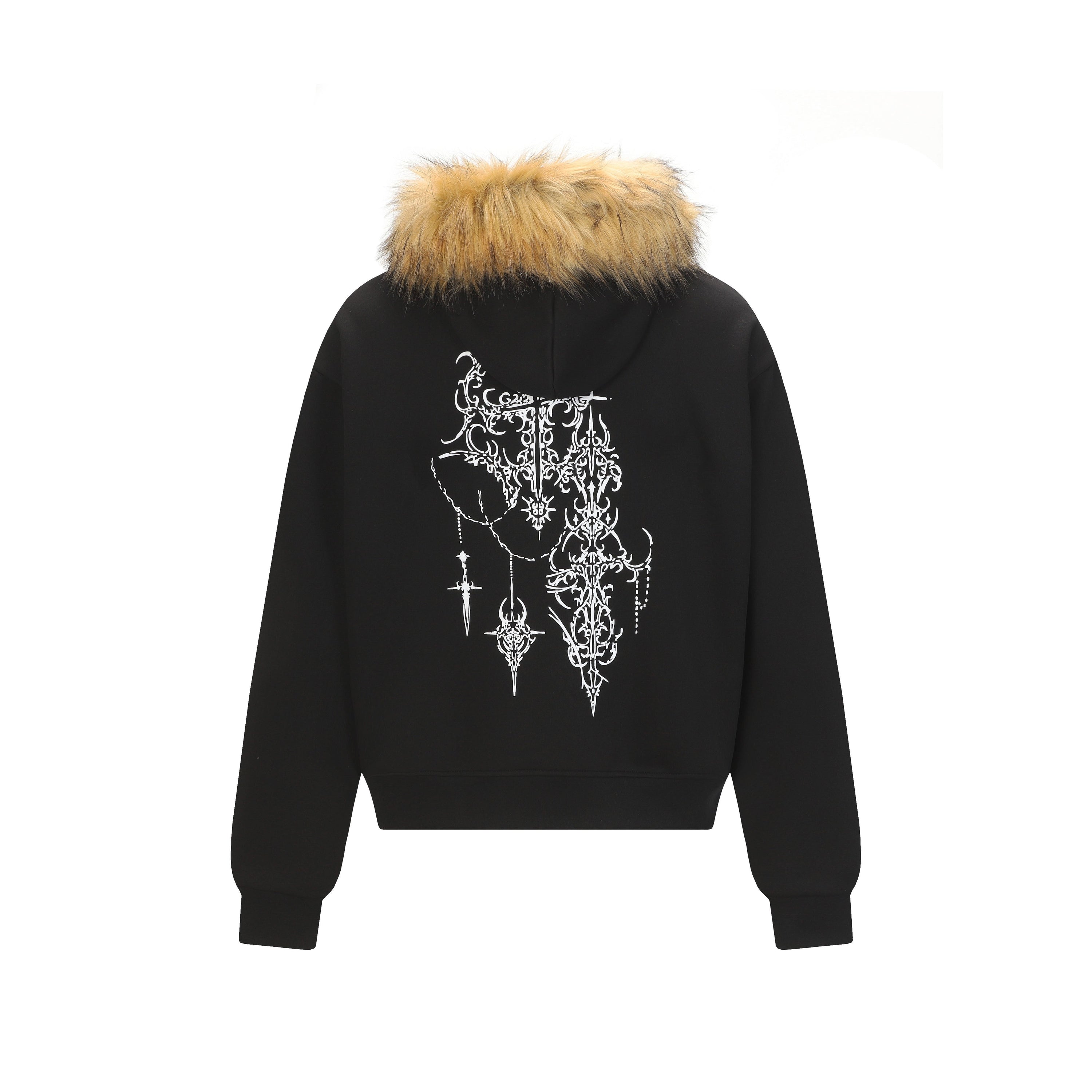 Gothic Faux Fur Hood Zip Hoodie | Medieval Knight Graphic