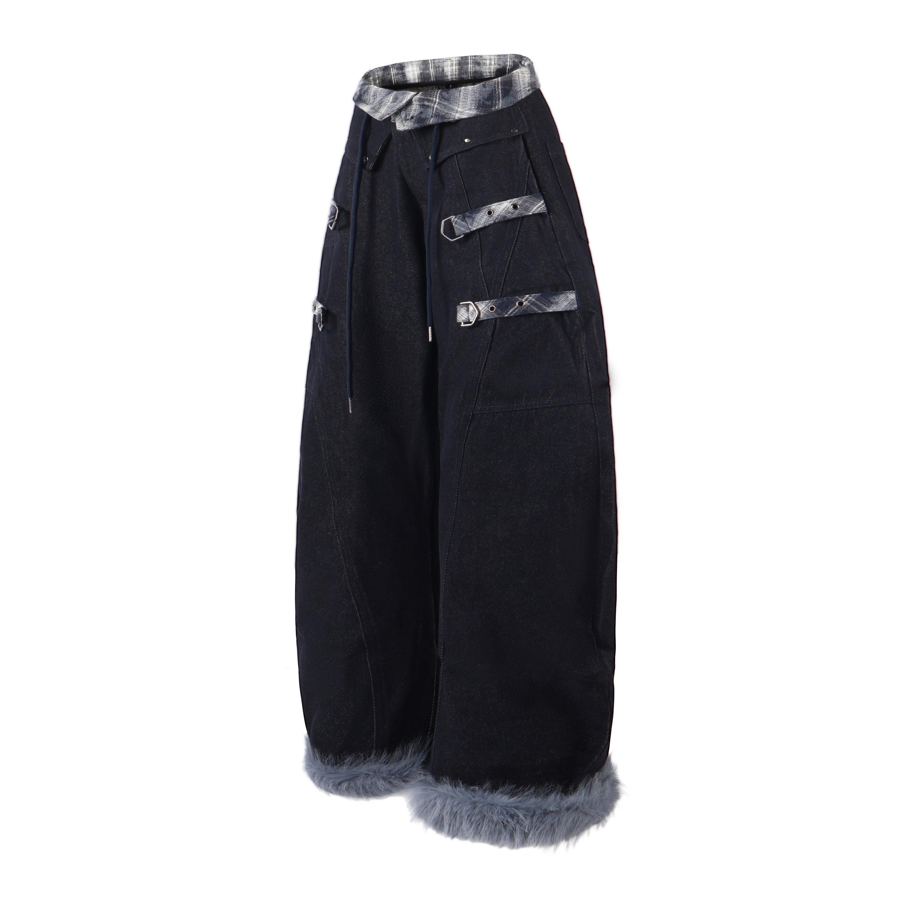 Omirad Flannel-Lined Faux Fur Barrel Leg Denim Pants