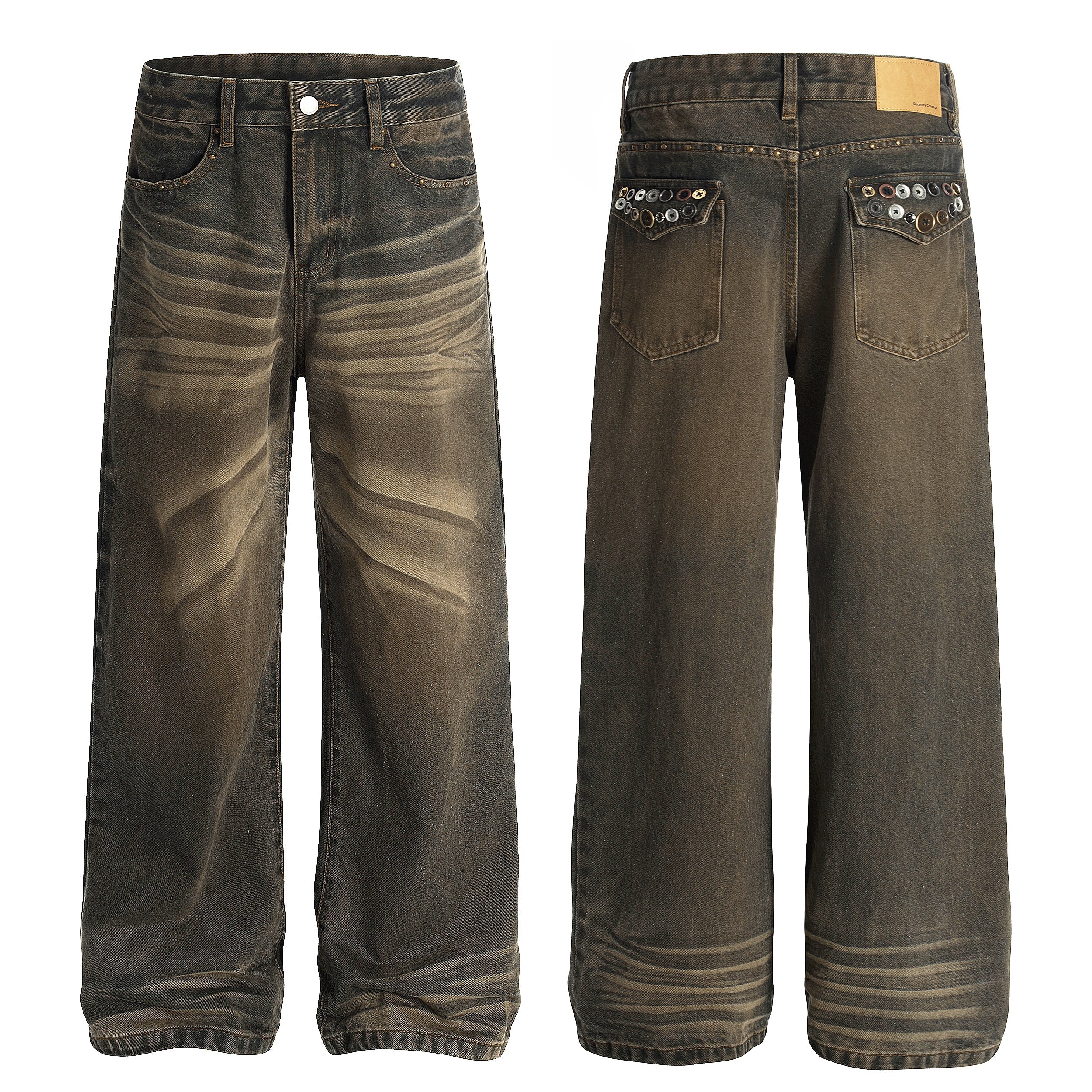 Front and back view of wide-leg jeans with retro brown fade, whisker detailing, and metal-studded back pockets