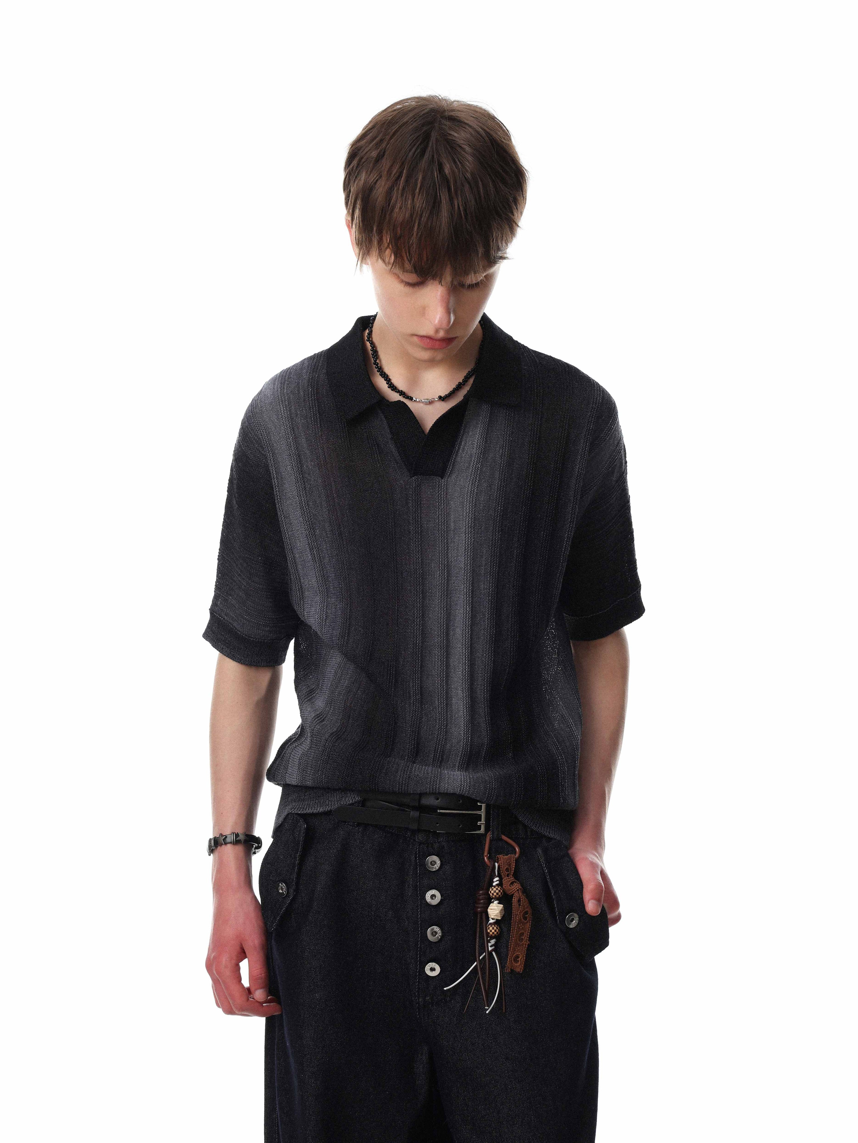 Men's Gradient Stripe Open-Knit Polo Shirt | Relaxed Fit