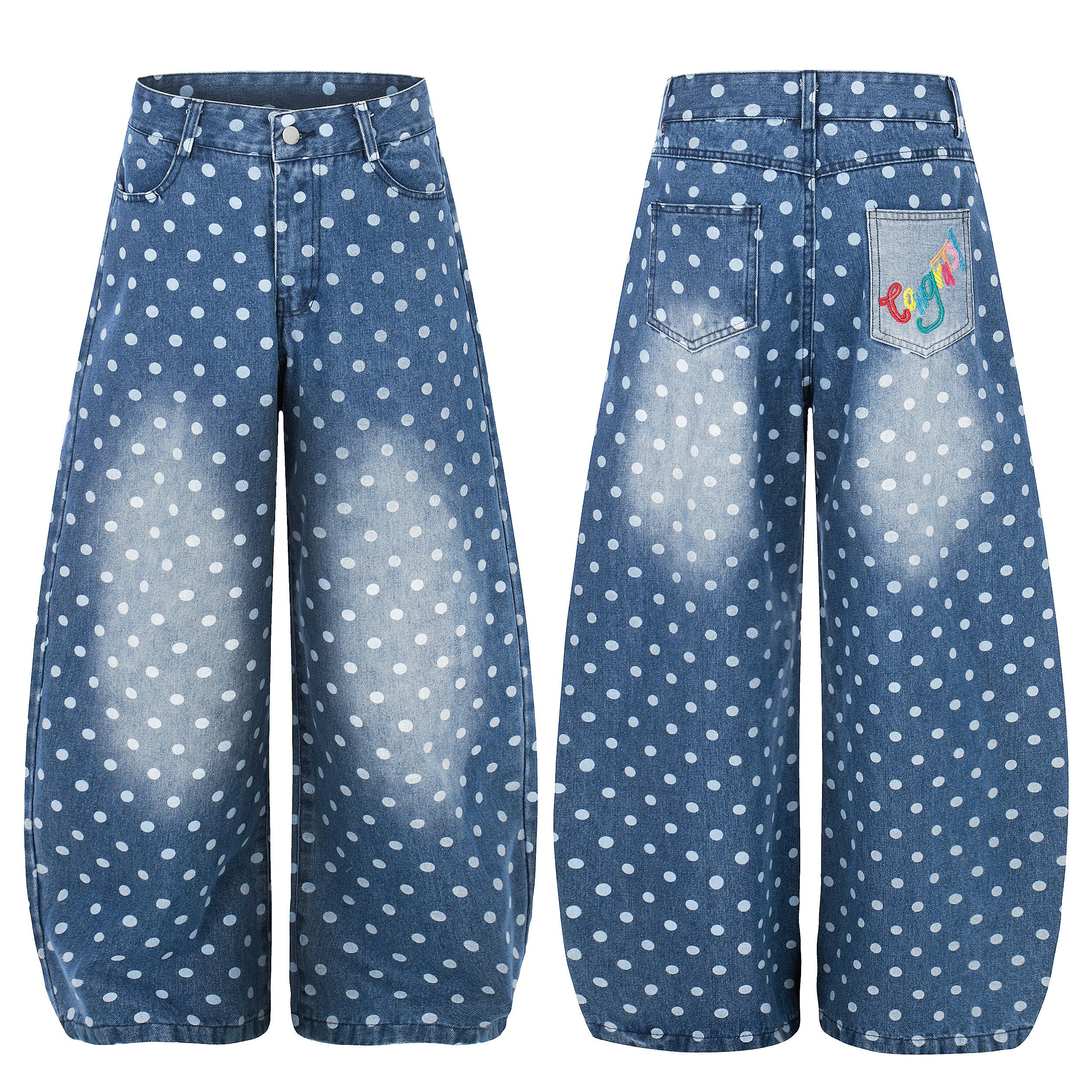 Polka Dot Wide-Leg Washed Denim Jeans | Retro Streetwear