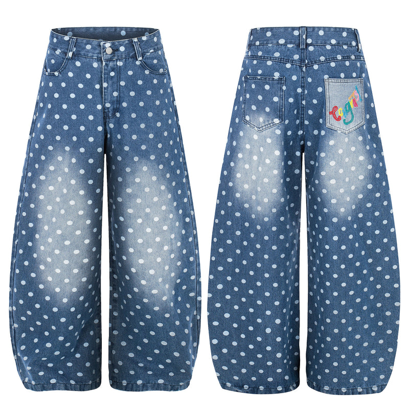 Front and back view of blue wide-leg denim jeans with white polka dots