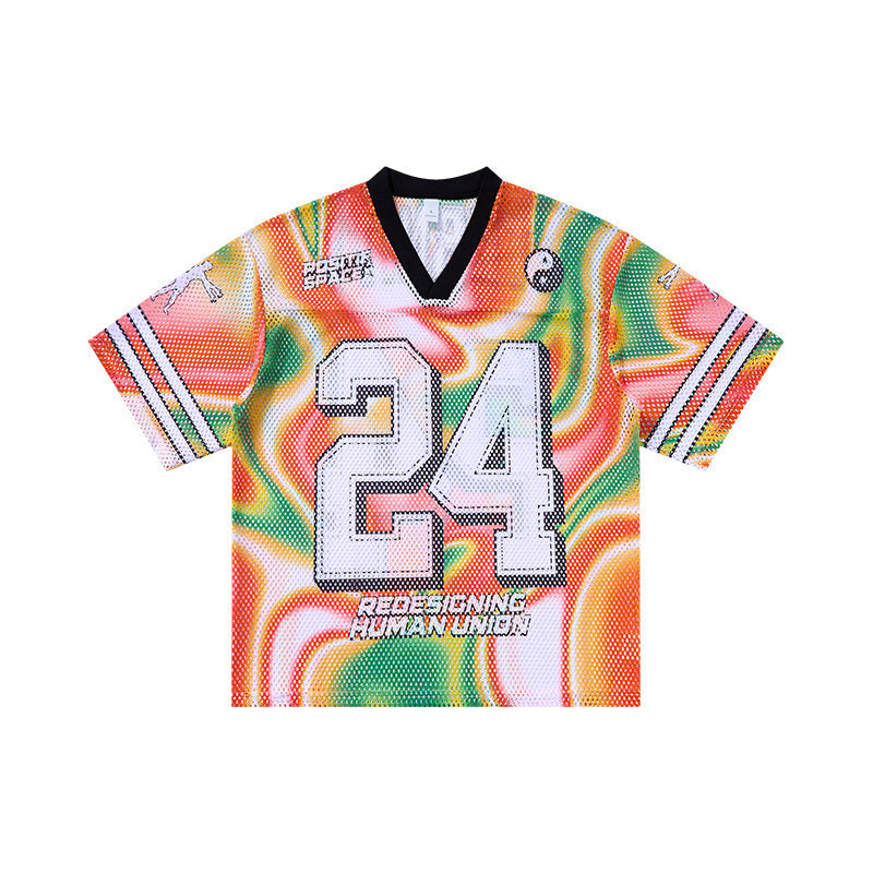 Omirad Eternity 24 mesh jersey t-shirt front view with multicolor liquid gradient print and number 24 graphic