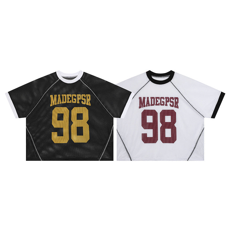 Two Seakoff mesh varsity jerseys with number 98, shown in black and white with contrasting raglan sleeves and ribbed collars