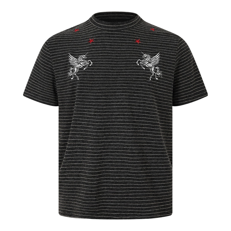 Black striped streetwear T-shirt with twin embroidered pegasus designs and red star accents on the chest