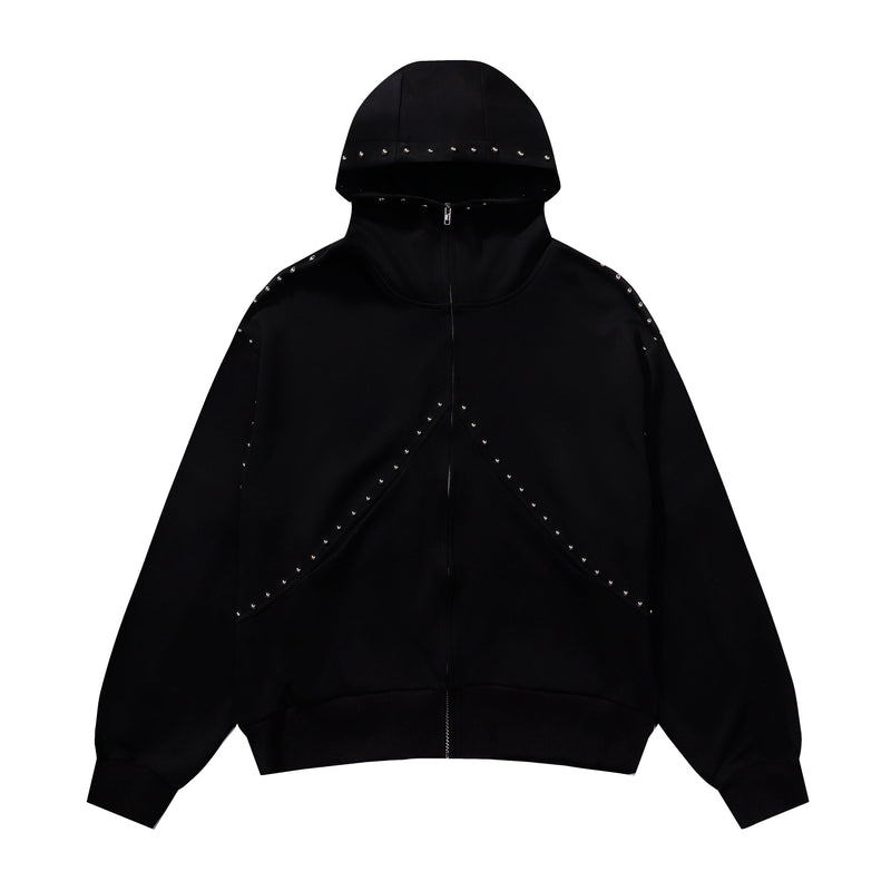 Black zip hoodie front view with studded hood, shoulders, and arc seams