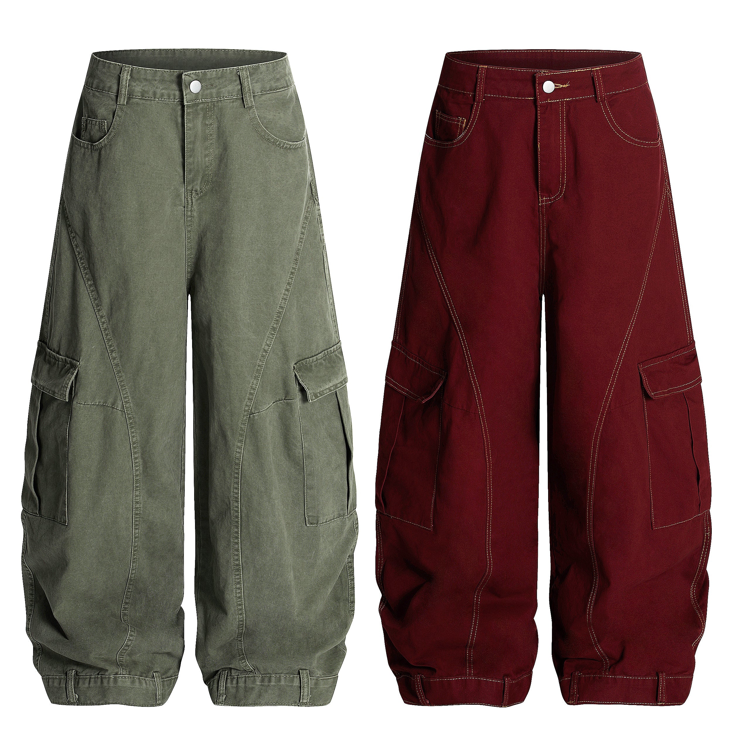 Omirad wide-leg cargo pants side by side in washed army green and deep burgundy, showing flap pockets and panel stitching