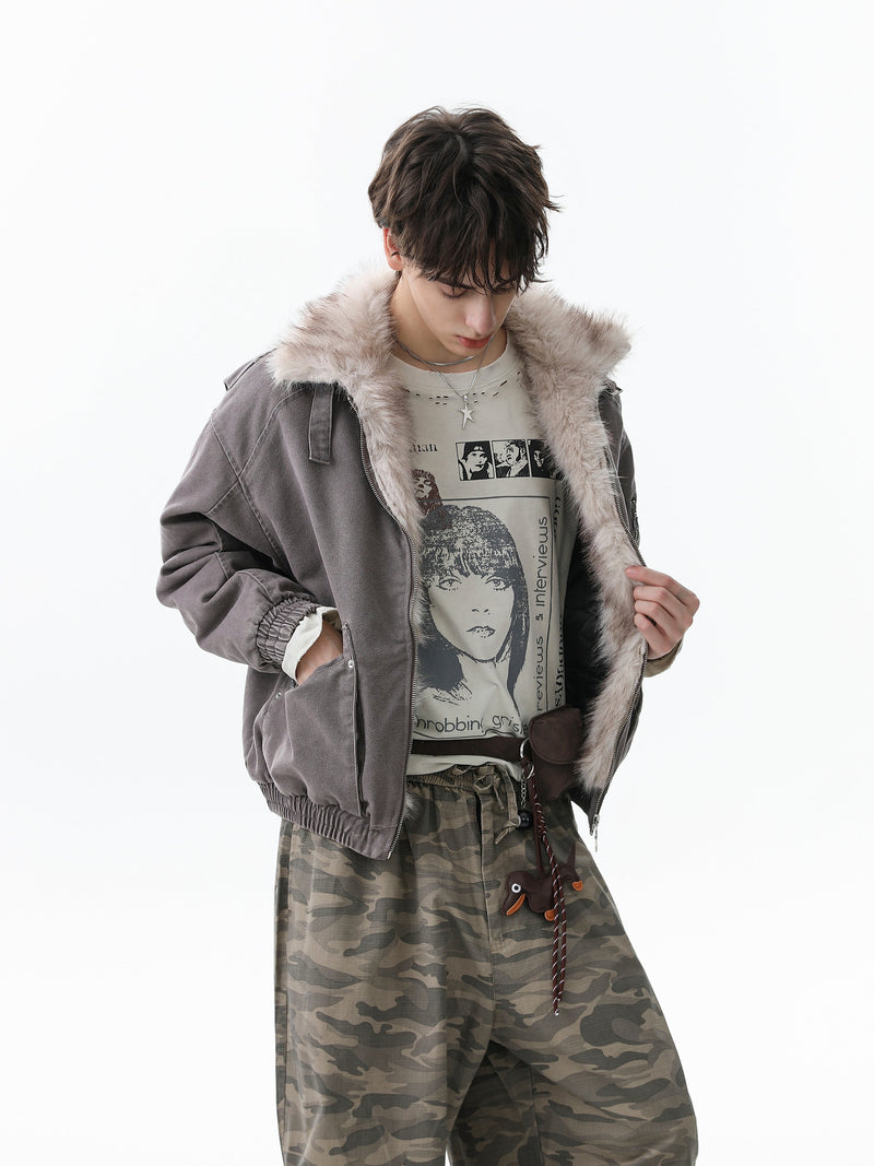 Fleece-Lined Utility Bomber Jacket | Faux-Fur Collar