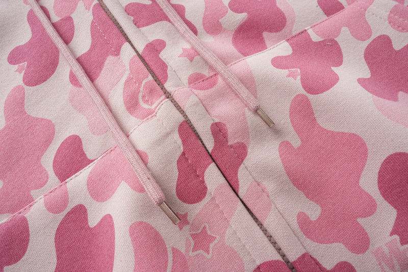 Close-up of pink camo hoodie front zipper and drawstrings