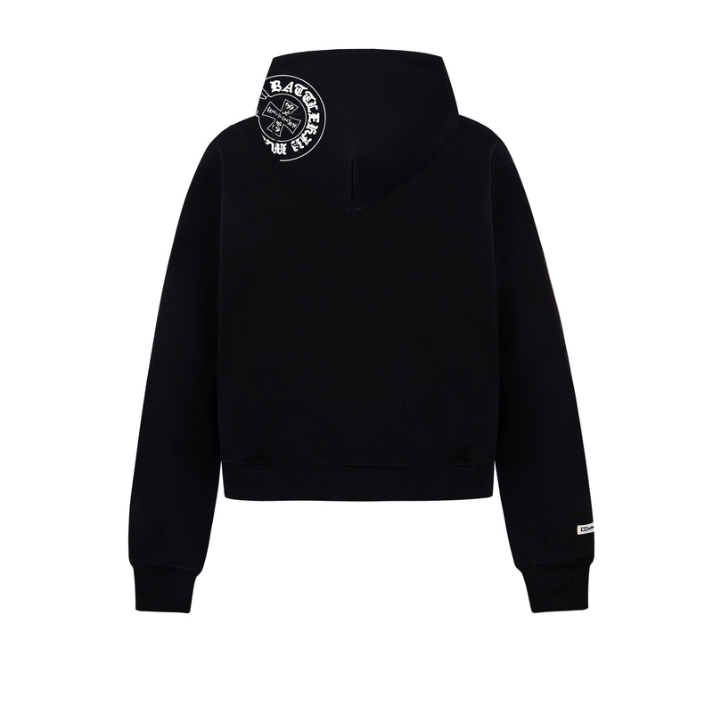 Back view of black pullover hoodie with small circular logo printed at the upper left shoulder