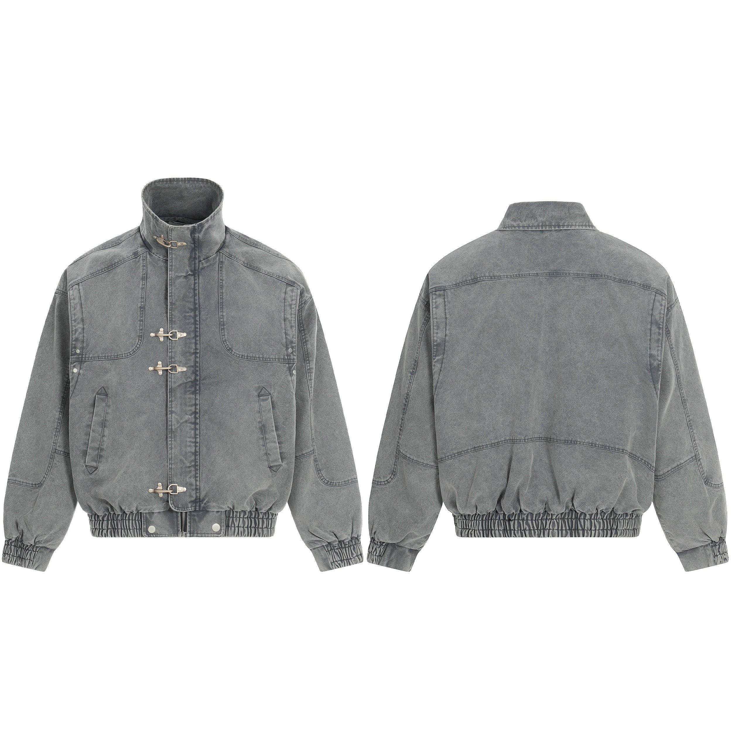 Front and back view of a grey washed cotton utility bomber jacket with metal buckle closures and elasticated hem
