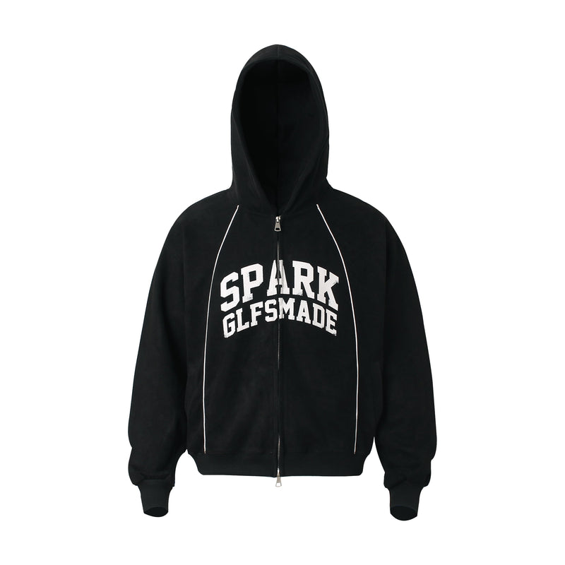 Black suede zip hoodie with bold white lettering and white piping, front view
