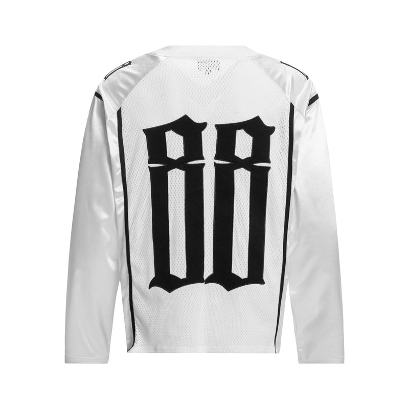 Back view of white long sleeve mesh jersey with large black gothic 88 graphic
