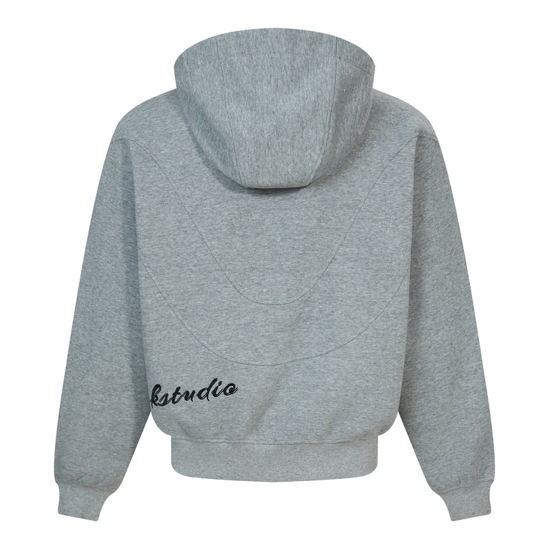 Gray hoodie back view with hood up and curved seam detailing