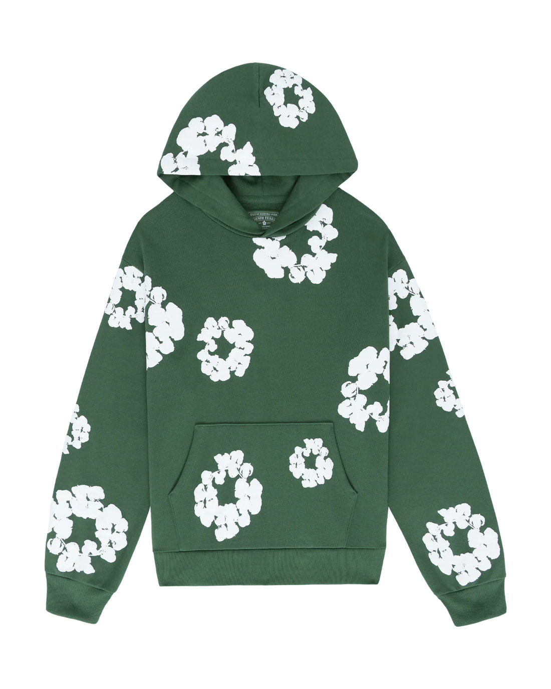 Forest Green “Cotton Wreath” Denim Tears Hoodie – White Floral Print Streetwear Pullover