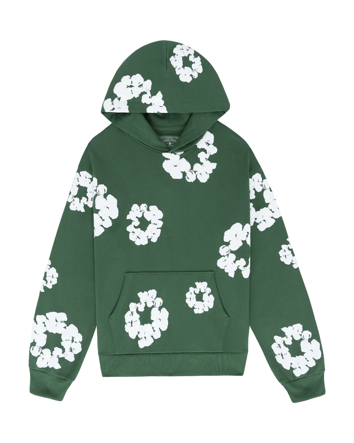 Forest Green “Cotton Wreath” Denim Tears Hoodie – White Floral Print Streetwear Pullover