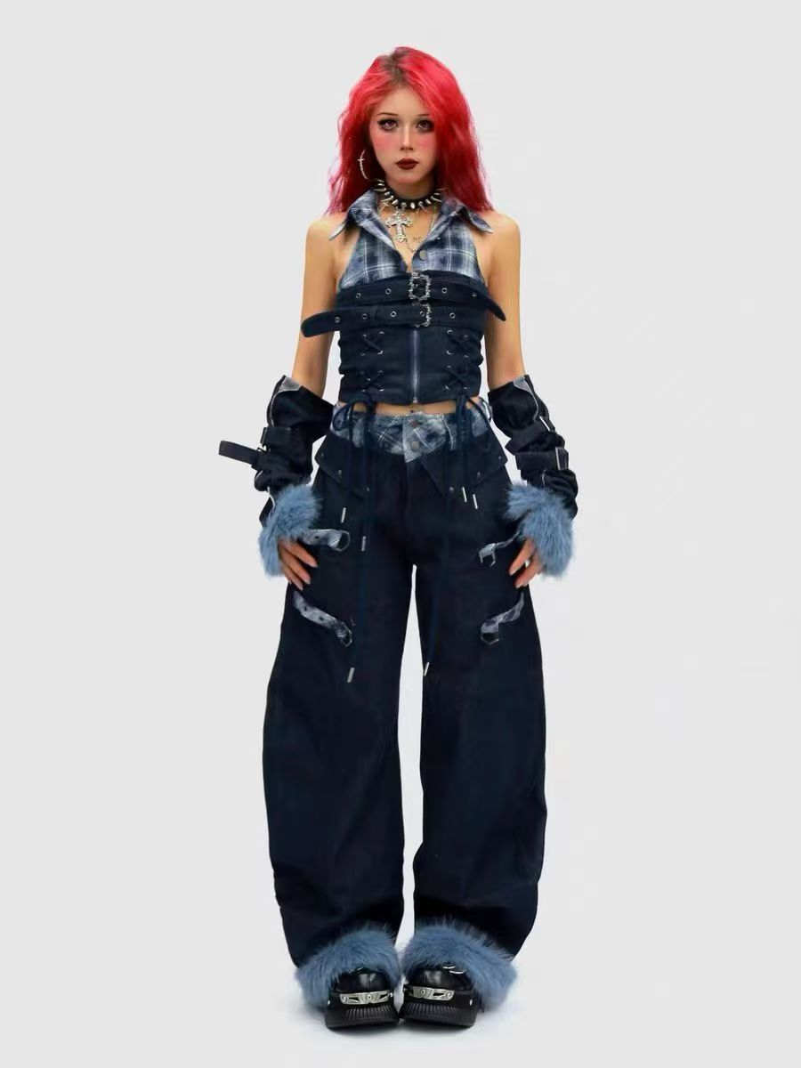 Omirad Flannel-Lined Faux Fur Barrel Leg Denim Pants