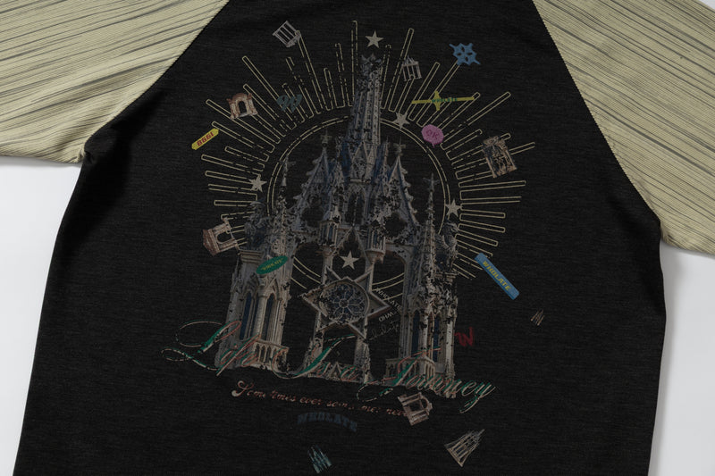 Black raglan T-shirt with a gothic cathedral graphic, radiating line art, and vintage-style streetwear details