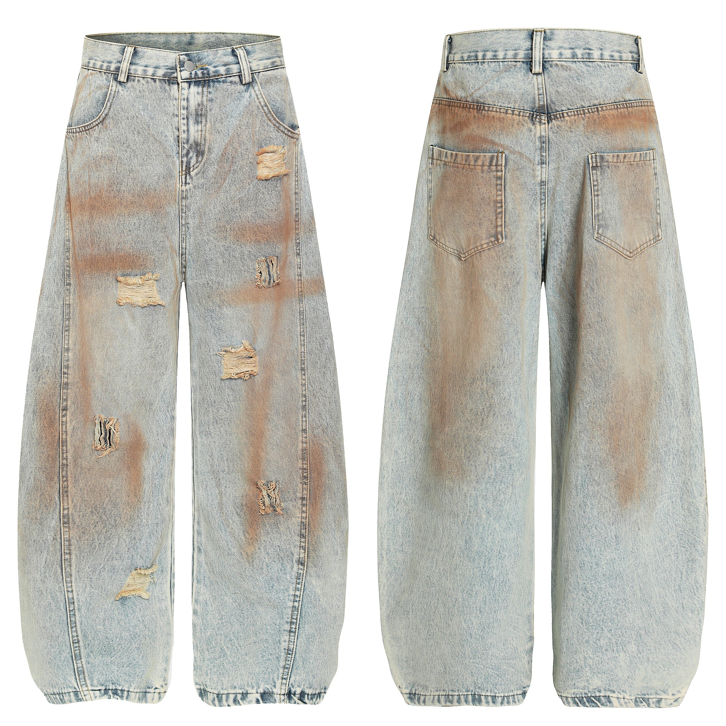 Front and back view of light blue acid wash barrel jeans with rust gradient and frayed distressed rips on the front legs