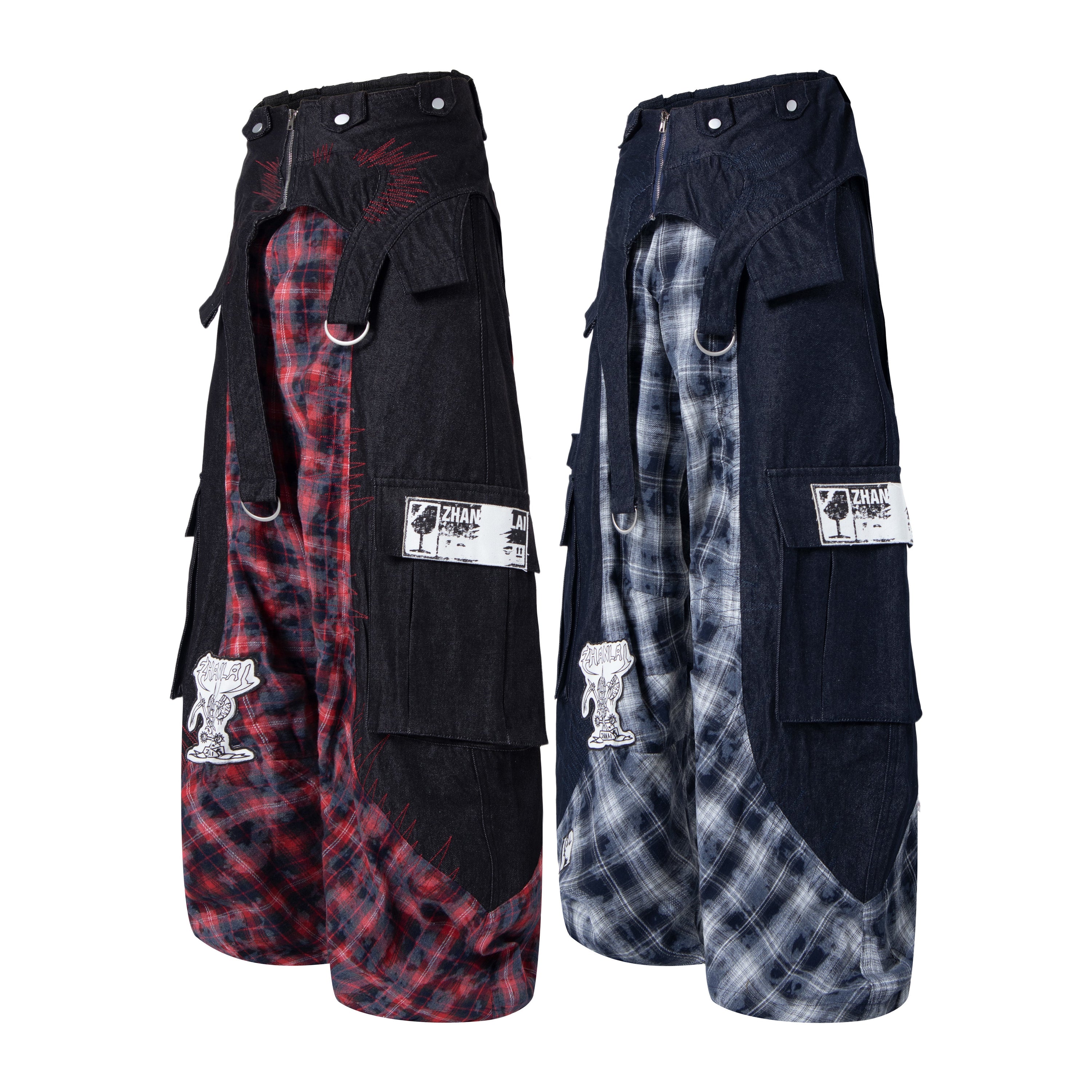 Punk Layered Plaid Panel Wide-Leg Cargo Pants | SEAKOFF