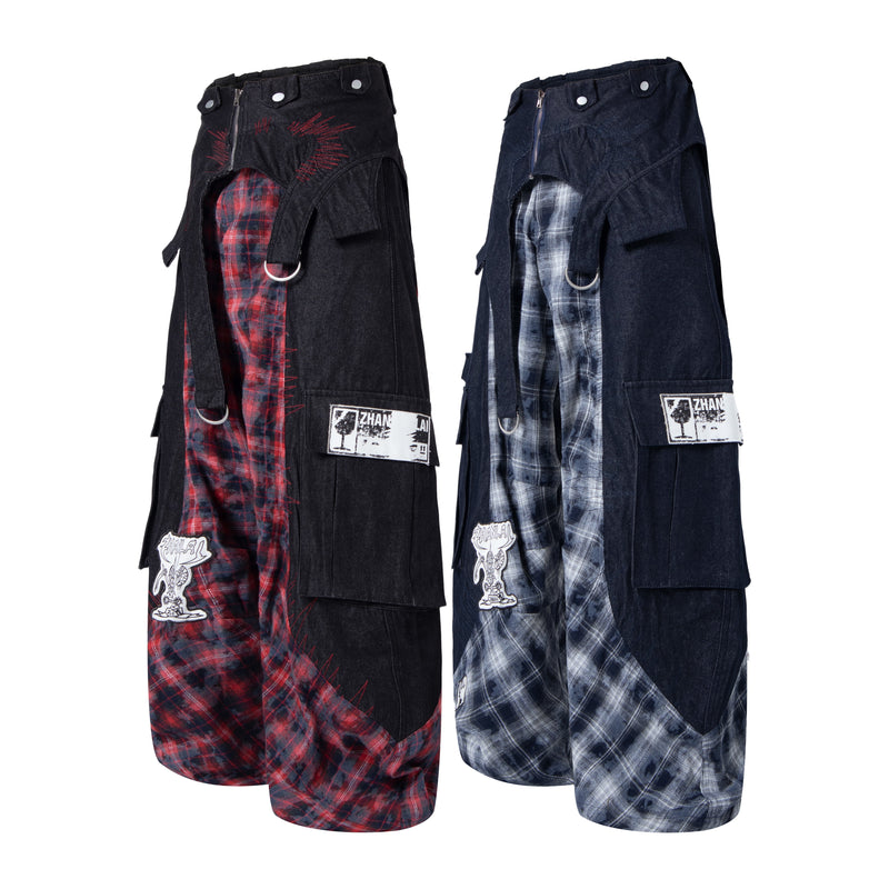 Side-by-side black cargo pants in red plaid and gray plaid panel versions