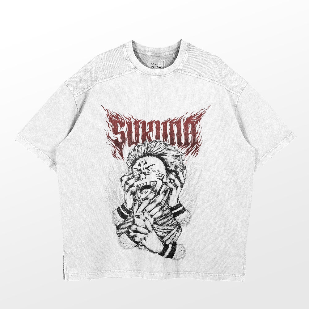 The Jujutsu Kaisen Sukuna Washed Vintage T-Shirt, crafted from 260 GSM high-quality cotton, features a bold graphic depicting a person with bandaged hands amid flames. &quot;SUPREME&quot; blazes above in fiery font, perfect for anime fans seeking edgy streetwear.