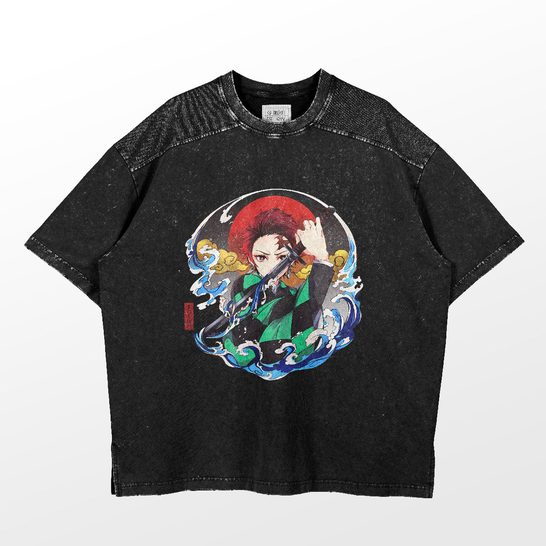 The Tanjiro Kamado Water Breathing T-Shirt by Demon Slayer features an illustration of Tanjiro holding a sword, with water and flame motifs. He has red hair and wears a green and black outfit, with textured shoulders on the black t-shirt.