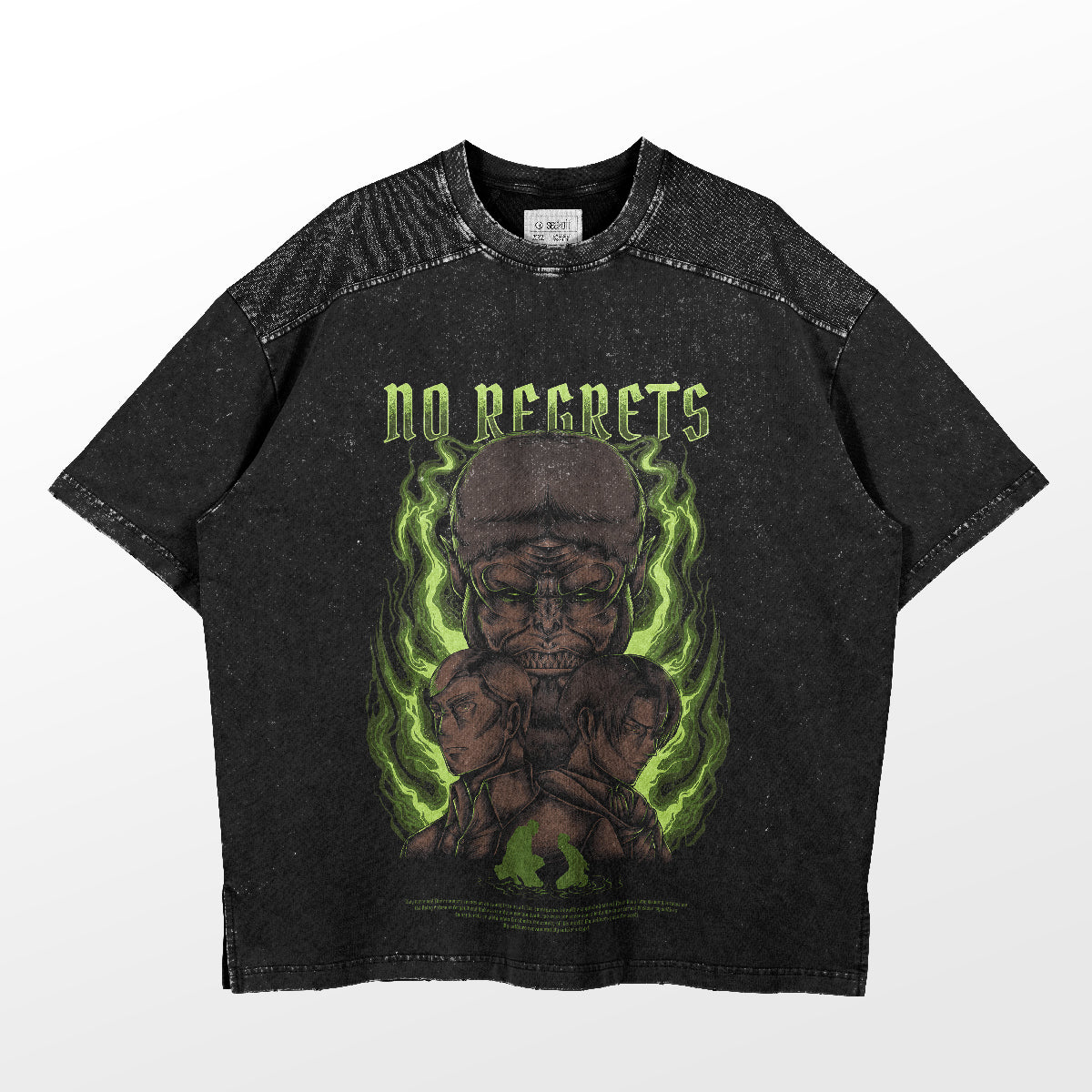 The "No Regrets" Levi and Erwin T-Shirt from Attack on Titan features a muscular cartoon character with crossed arms, fiery green "NO REGRETS" text above, evoking Levi's defiance. Its washed-out effect and relaxed fit ensure comfort and boldness.