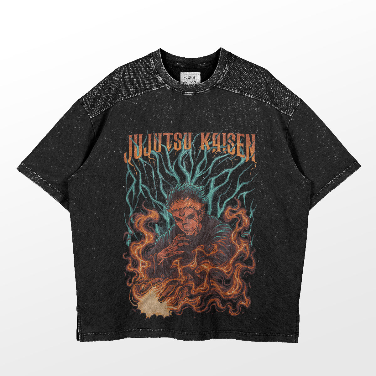 A black Sukuna Cursed Flames T-shirt from Jujutsu Kaisen features a bold graphic with intense figures, swirling flames, blue energy, and &quot;Jujutsu Kaisen&quot; in stylized lettering at the top.