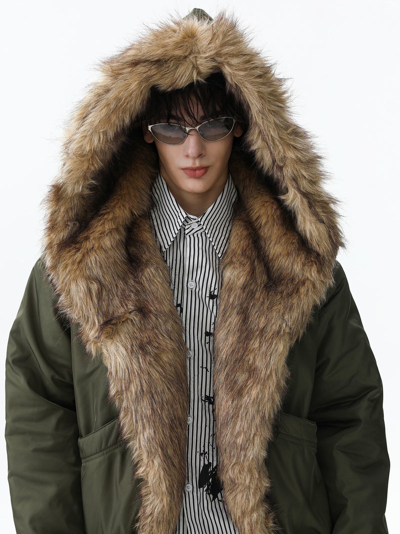 Faux Fur Trimmed Hooded Puffer Jacket | Army Green & Black