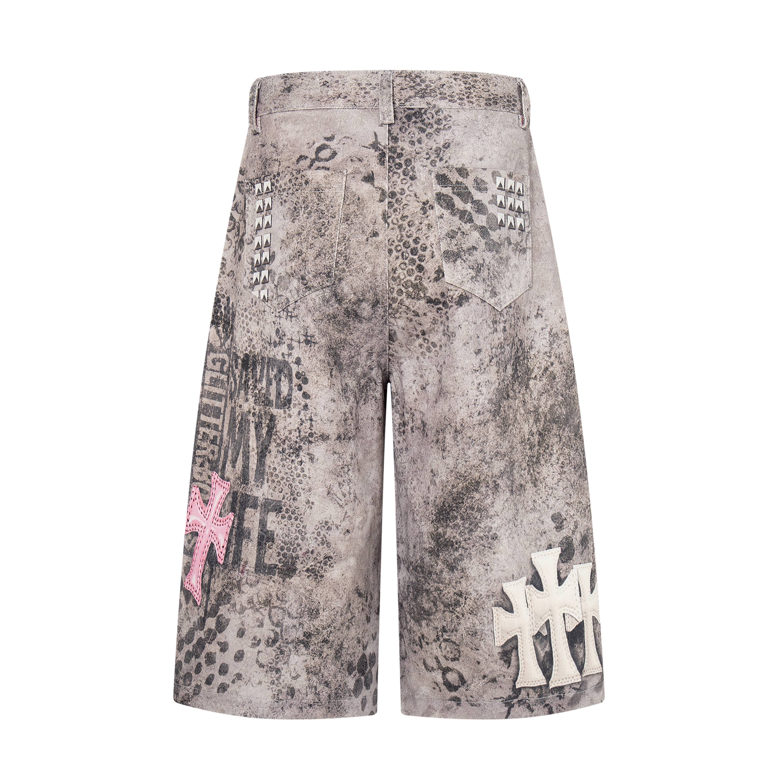 Grunge Cross Patch Washed Denim Shorts | Streetwear