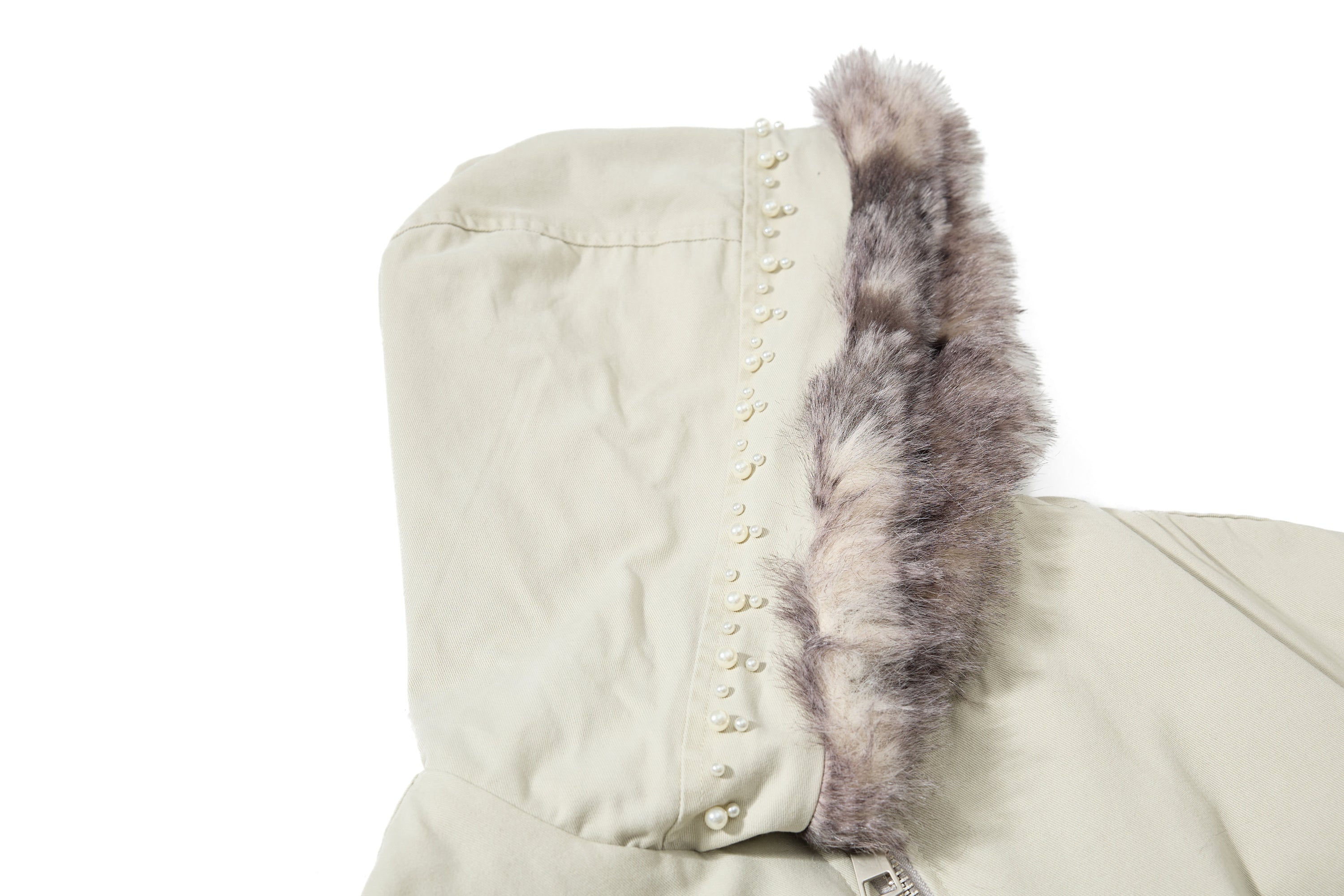 Studded Faux Fur-Trim Hooded Bomber Jacket | Washed Cotton