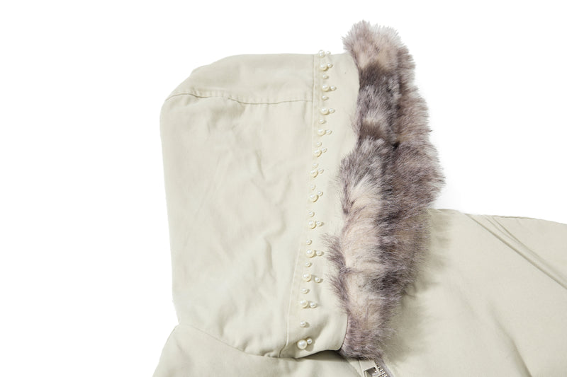 Studded Faux Fur-Trim Hooded Bomber Jacket | Washed Cotton