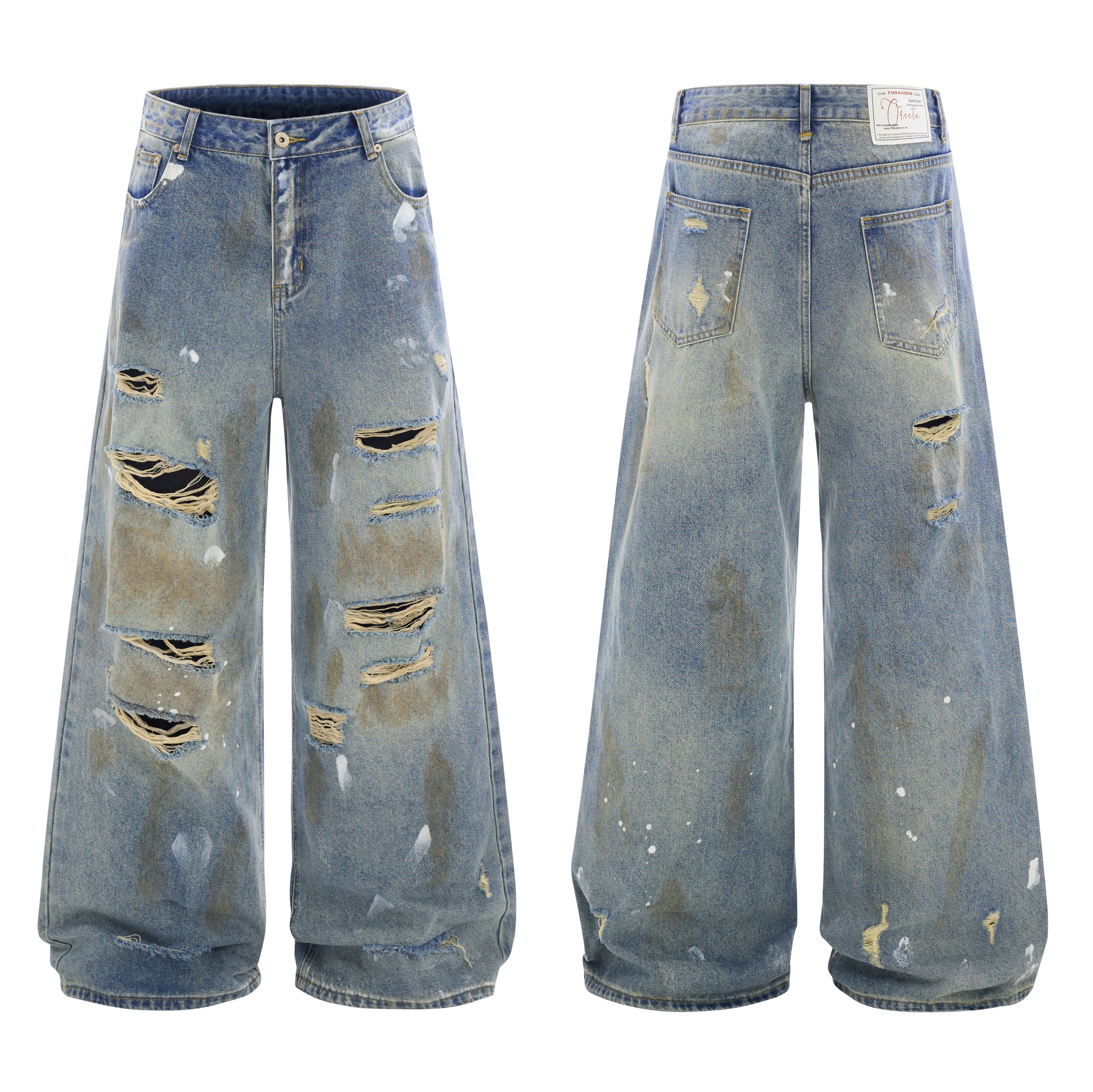Front view of wide-leg distressed vintage washed blue denim jeans with paint splatters and heavy ripping on both legs